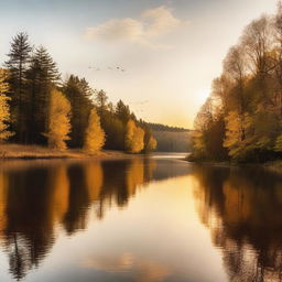 A serene landscape with a calm river flowing through a dense forest