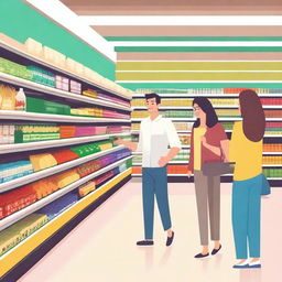 A vibrant and cheerful scene depicting the first day of running a supermarket in a supermarket simulator game