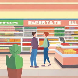 A vibrant and cheerful scene depicting the first day of running a supermarket in a supermarket simulator game