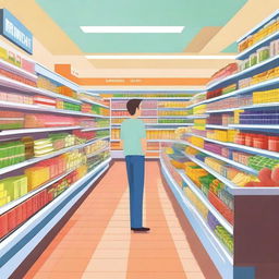 A vibrant and cheerful scene depicting the first day of running a supermarket in a supermarket simulator game