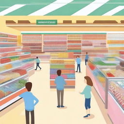 A vibrant and cheerful scene depicting the first day of running a supermarket in a supermarket simulator game