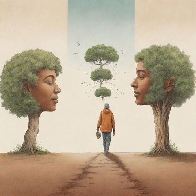 Illustrations showcasing the journey of personal transformation: Leaving behind foolishness to embrace humanity. Images should reflect stages of emotional growth, wisdom acquisition, and attaining a deep sense of connection with all of human race.