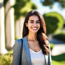 A beautiful young woman with a confident and stylish appearance, standing in a picturesque outdoor setting