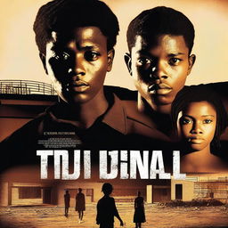 A thriller movie poster titled 'The Dual' featuring two 18-year-old Windhoek students, one male and one female, with a prison in the background