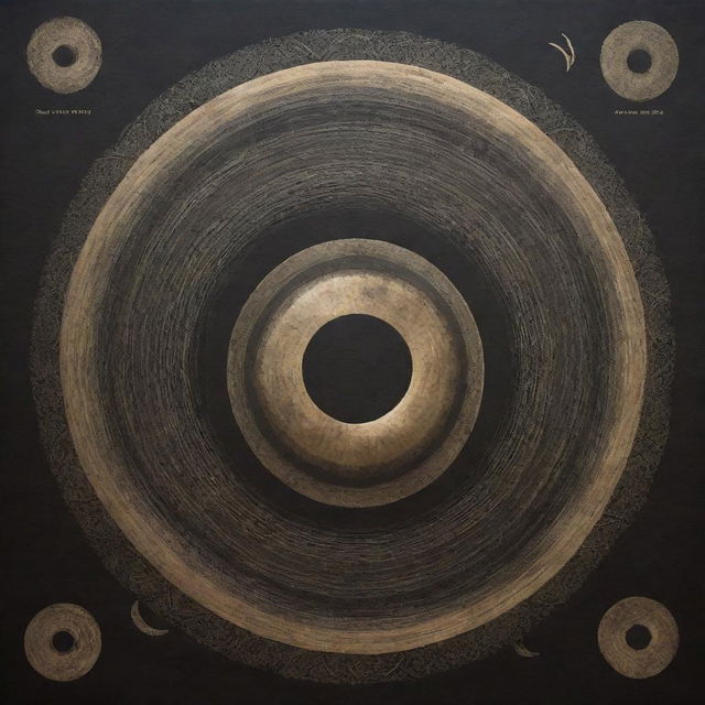 A visually engaging poster promoting a gong event. Features a range of beautifully drawn gongs of different sizes with sound waves emanating from them, set against a serene background with a meditative ambiance.