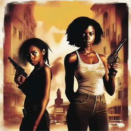 Create a movie poster featuring two black girls holding guns, with a backdrop of human figures behind them