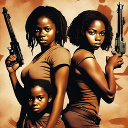 Create a movie poster featuring two black girls holding guns, with a backdrop of human figures behind them