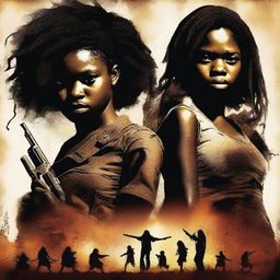 Create a movie poster featuring two black girls holding guns, with a backdrop of human figures behind them