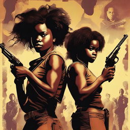 Create a movie poster featuring two black girls holding guns, with a backdrop of human figures behind them