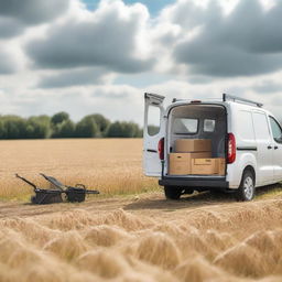 A white Toyota Proace City cargo van parked in a cultivated field, with its rear doors open and filled with various farming tools