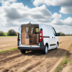 A white Toyota Proace City cargo van parked in a cultivated field, with its rear doors open and filled with various farming tools