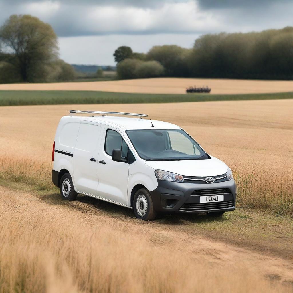 A white Toyota Proace City cargo van parked in a cultivated field, with its rear doors open and filled with various farming tools