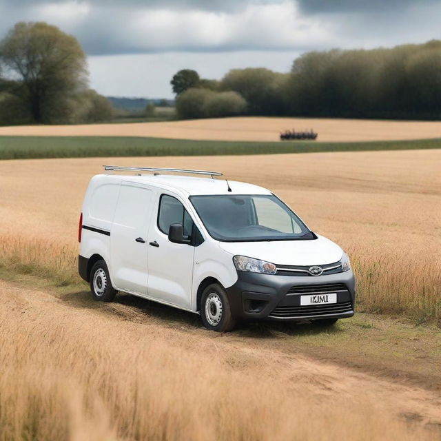 A white Toyota Proace City cargo van parked in a cultivated field, with its rear doors open and filled with various farming tools