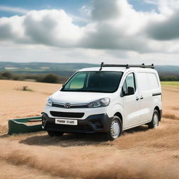 A white Toyota Proace City cargo van parked in a cultivated field, with its rear doors open and filled with various farming tools