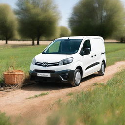 A white Toyota Proace City cargo van with its rear doors open, loaded with farming tools, parked in a field planted with young orange saplings