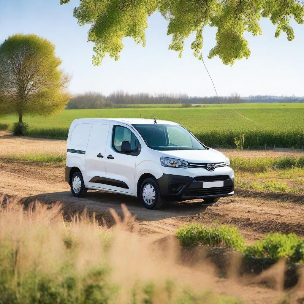 A white Toyota Proace City cargo van with its rear doors open, loaded with farming tools, parked in a field planted with young orange saplings