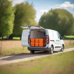 A white Toyota Proace City cargo van with its rear doors open, loaded with farming tools, parked in a field planted with young orange saplings