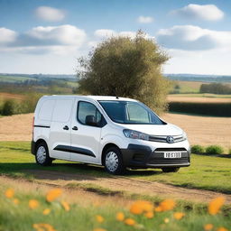 A white Toyota Proace City cargo van with its rear doors open, loaded with farming tools, parked in a field planted with young orange saplings