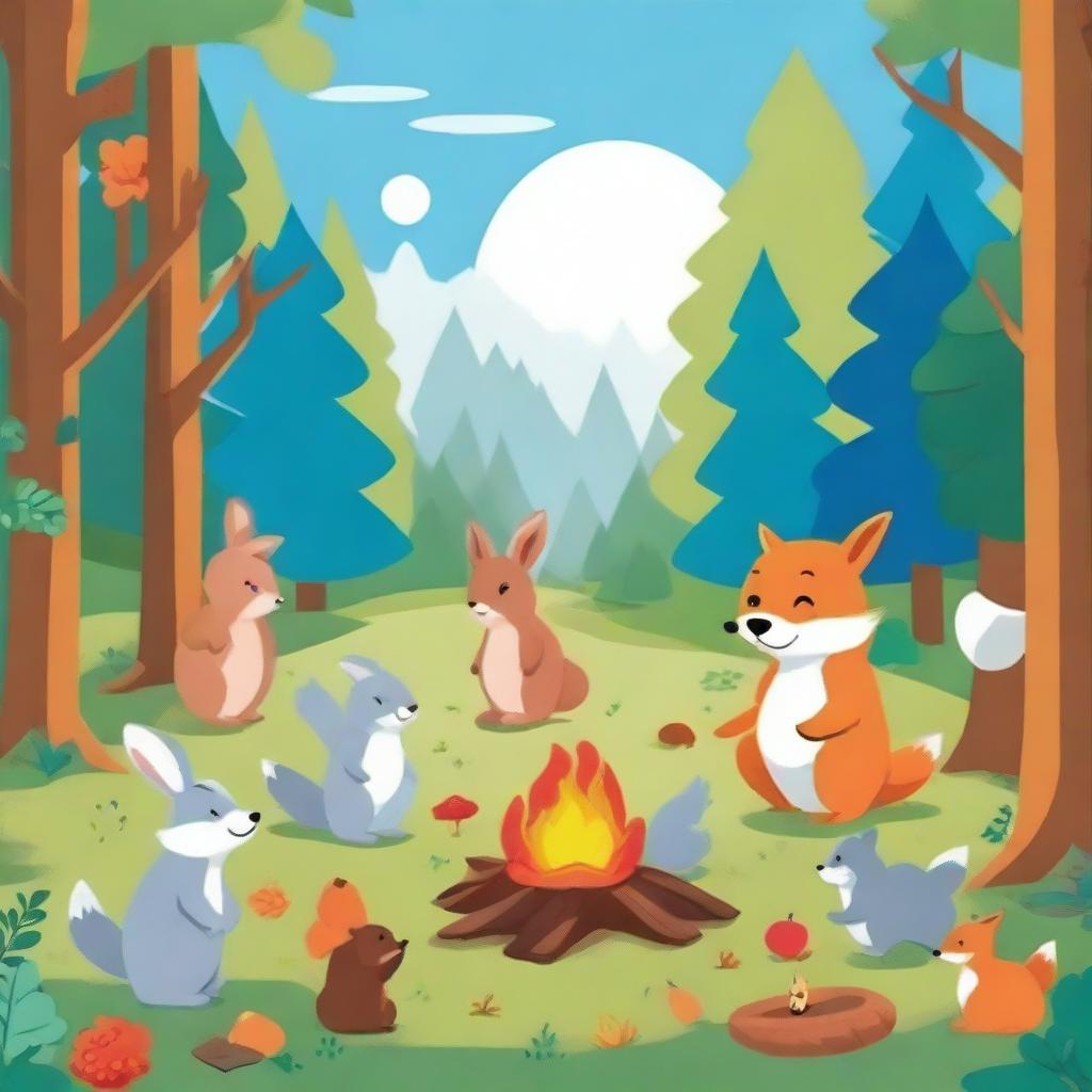 A bright, colorful forest scene where various animals like a rabbit, a fox, a bear, and a squirrel are playing together