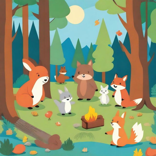 A bright, colorful forest scene where various animals like a rabbit, a fox, a bear, and a squirrel are playing together