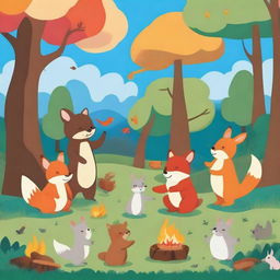 A bright, colorful forest scene where various animals like a rabbit, a fox, a bear, and a squirrel are playing together