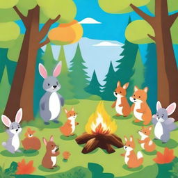 A bright, colorful forest scene where various animals like a rabbit, a fox, a bear, and a squirrel are playing together