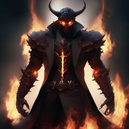 A devil clad in a suit of scorched infernal armor, with glowing hellish eyes, exuding a cool and calculating intelligence