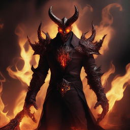 A devil clad in a suit of scorched infernal armor, with glowing hellish eyes, exuding a cool and calculating intelligence