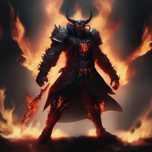 A devil clad in a suit of scorched infernal armor, with glowing hellish eyes, exuding a cool and calculating intelligence