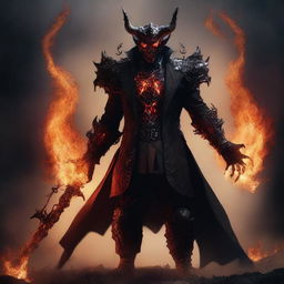 A devil clad in a suit of scorched infernal armor, with glowing hellish eyes, exuding a cool and calculating intelligence