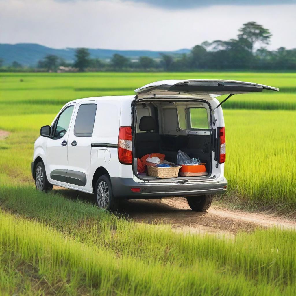 A white Toyota Proace City cargo van with its rear doors open, loaded with field tools