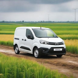 A white Toyota Proace City cargo van with its rear doors open, loaded with field tools