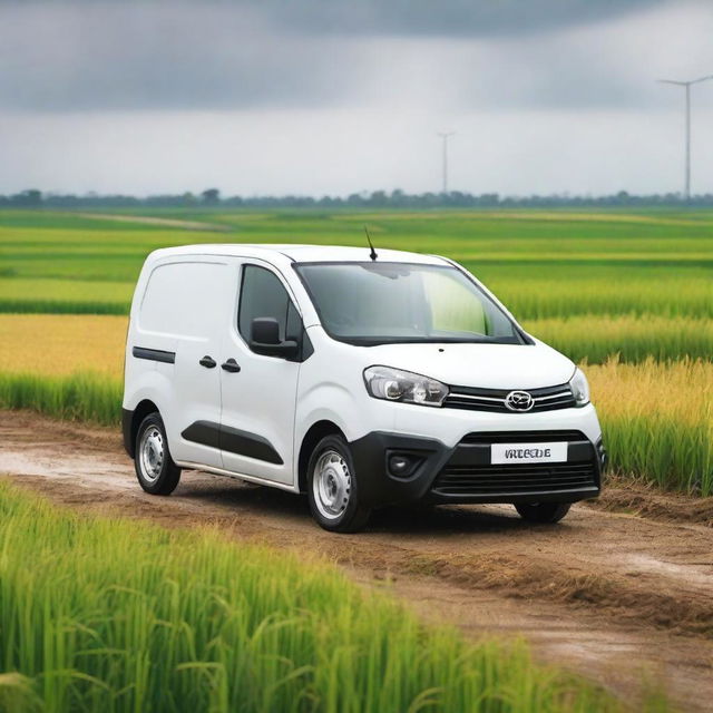 A white Toyota Proace City cargo van with its rear doors open, loaded with field tools