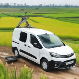 A white Toyota Proace City cargo van with its rear doors open, loaded with field tools