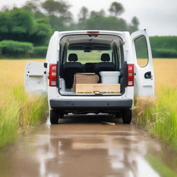 A white Toyota Proace City cargo van with its rear doors open, loaded with field tools