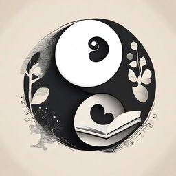 A modern, simplistic yin yang image where the yin side is composed of books and papers, and the yang side is made up of human organs including the brain, lungs, and heart