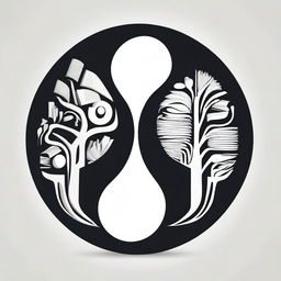 A modern, simplistic yin yang image where the yin side is composed of books and papers, and the yang side is made up of human organs including the brain, lungs, and heart