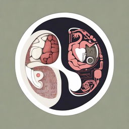 A modern, simplistic yin yang image where the yin side is composed of books and papers, and the yang side is made up of human organs including the brain, lungs, and heart