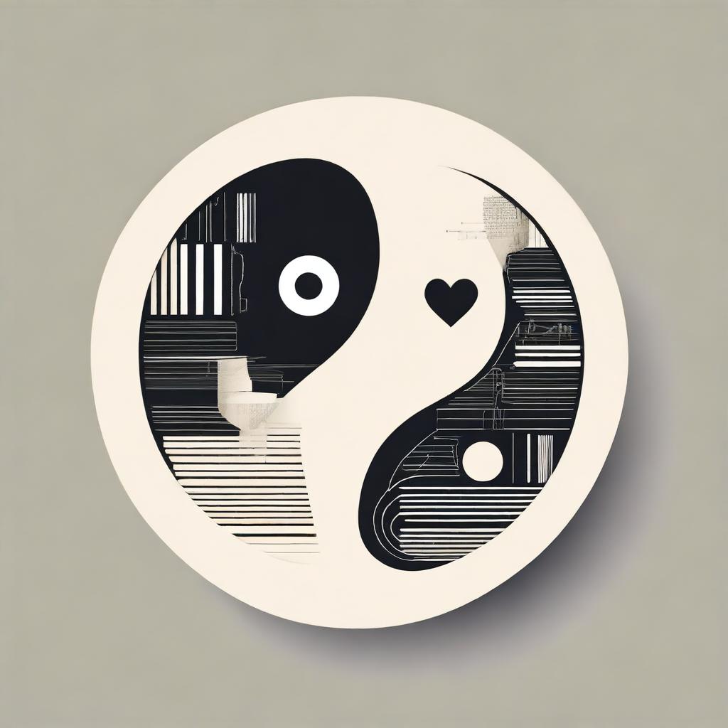 A modern, simplistic yin yang image where the yin side is composed of books and papers, and the yang side is made up of human organs including the brain, lungs, and heart