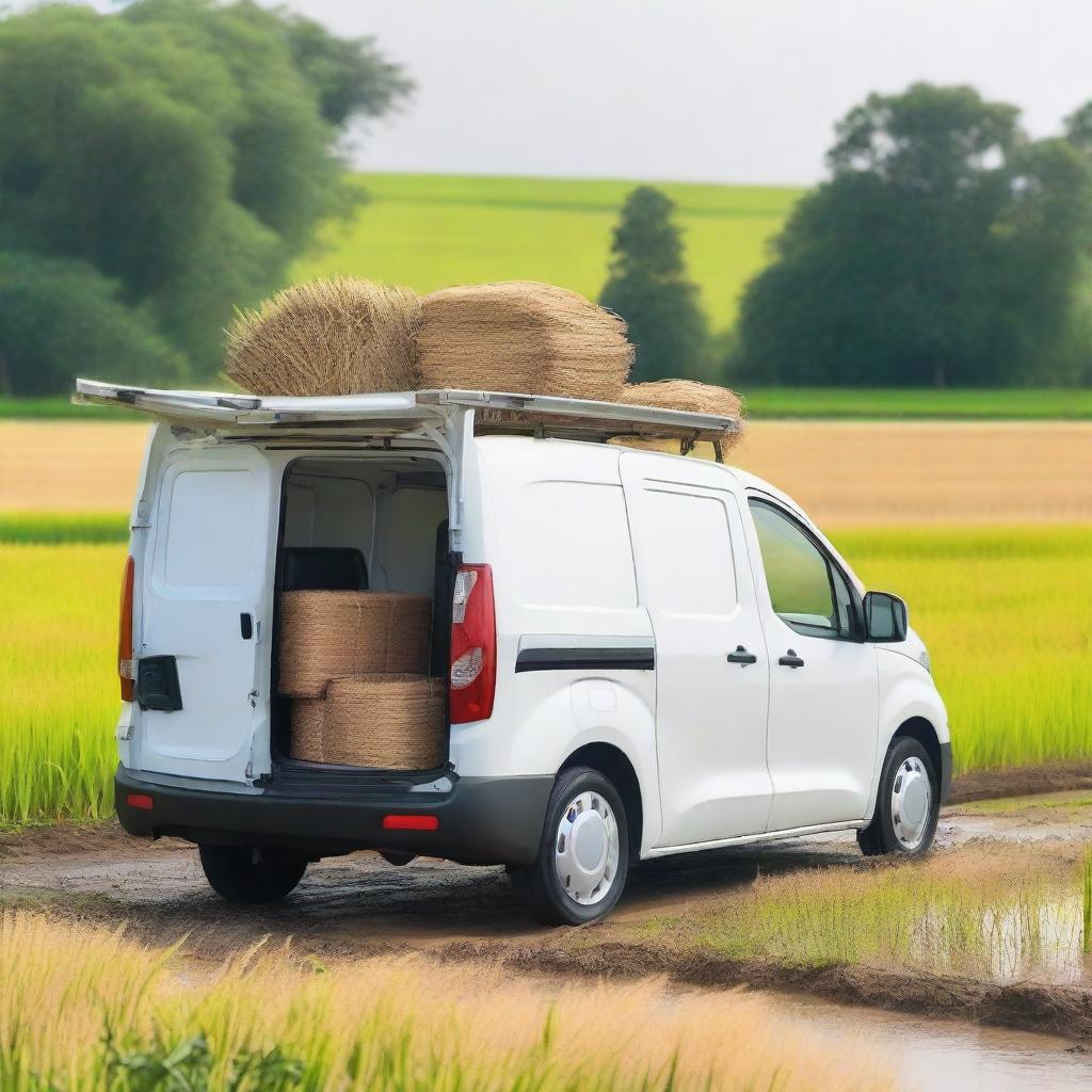 A white Toyota Proace City cargo van with both rear doors open, loaded with farming tools