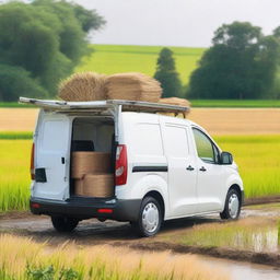 A white Toyota Proace City cargo van with both rear doors open, loaded with farming tools
