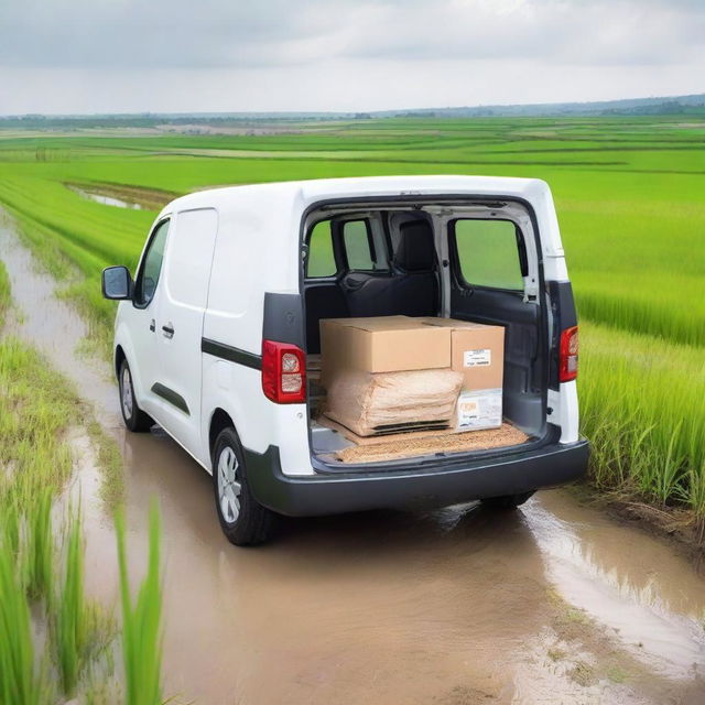 A white Toyota Proace City cargo van with both rear doors open, loaded with farming tools