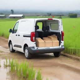 A white Toyota Proace City cargo van with both rear doors open, loaded with farming tools