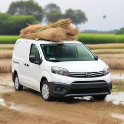 A white Toyota Proace City cargo van with both rear doors open, loaded with farming tools