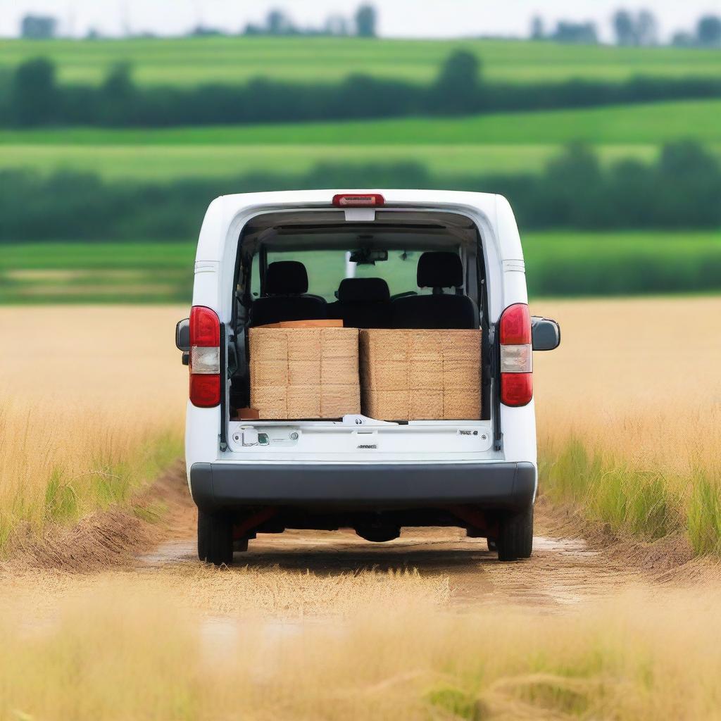 Rear view of a white Toyota Proace City cargo van with both rear doors open, loaded with farming tools