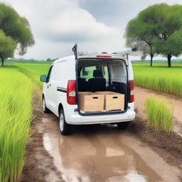 Rear view of a white Toyota Proace City cargo van with both rear doors open, loaded with farming tools