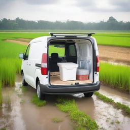 Rear view of a white Toyota Proace City cargo van with both rear doors open, loaded with farming tools