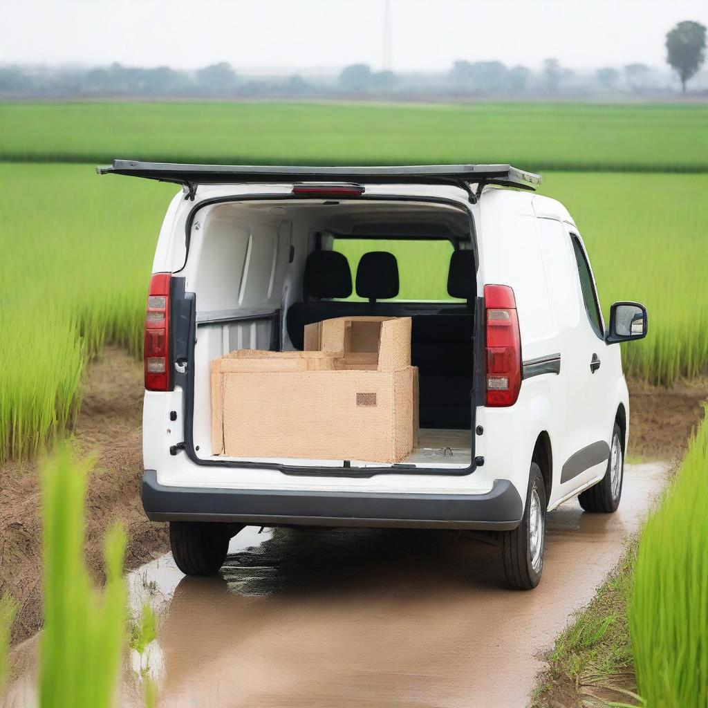 Rear view of a white Toyota Proace City cargo van with both rear doors open, loaded with farming tools