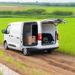 A rear view of a white Toyota Proace City cargo van with its two rear doors open, revealing tools for fieldwork inside