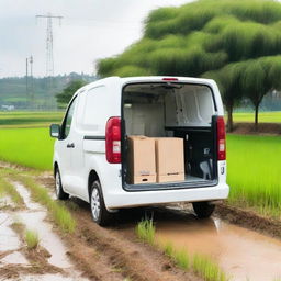 A rear view of a white Toyota Proace City cargo van with its two rear doors open, revealing tools for fieldwork inside